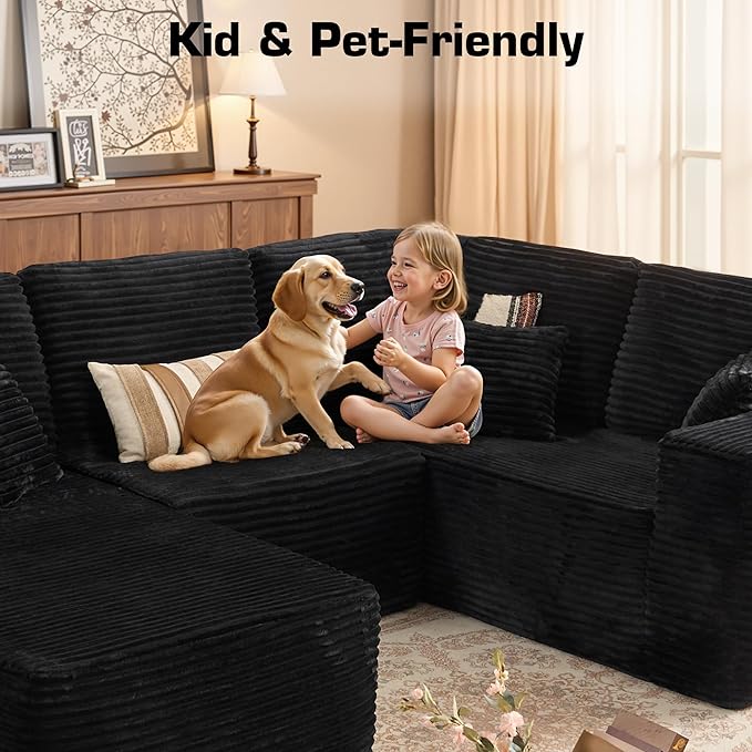 Weaxty Boneless Sectional Couch, U Shaped Modular Cloud Couches with Chaise, Plush Corduroy Memory Foam Deep Seat Floor Sofa, No Assembly Required,Black