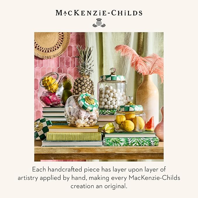 MACKENZIE-CHILDS Medium Kitchen Canister, Decorative Glass Storage Jar with Lid, Green-and-White Emerald Check
