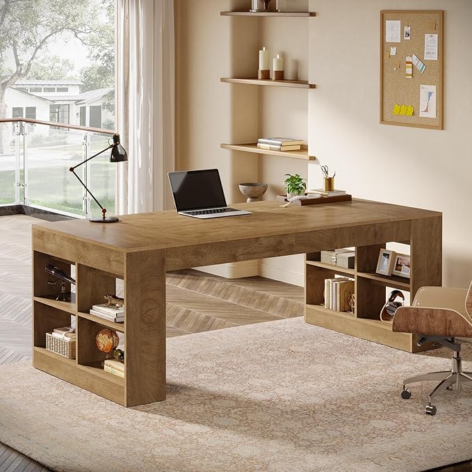 Tribesigns 71-Inch Executive Desk, Large Computer Office Desk with Storage Shelves, Modern Wood Writing Table Business Furniture Workstation for Home Office, Rustic Brown