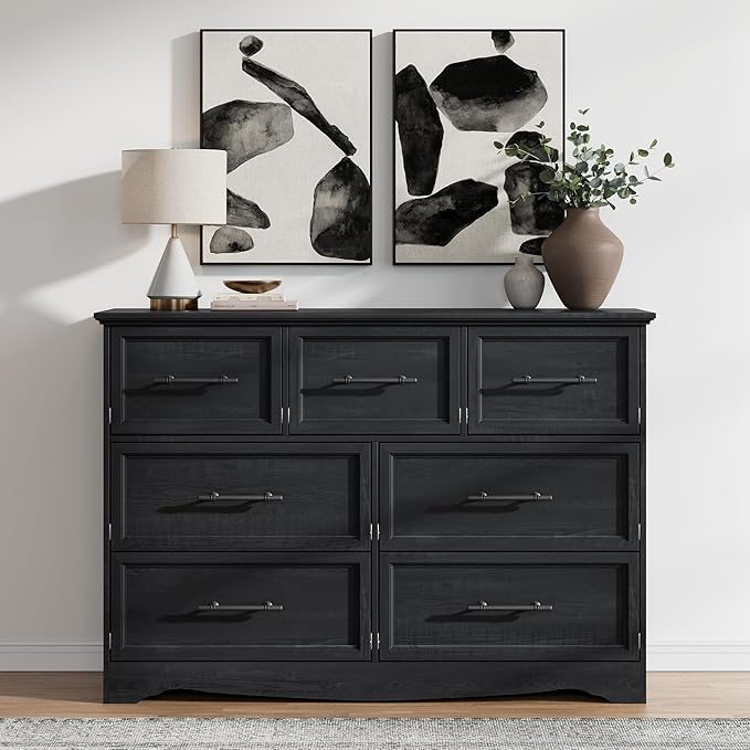 Black Farmhouse Dresser for Bedroom, Modern 7 Chest of Drawers, 47" Wide Chest of Drawers w/Brushed Metal Handle, Wood Dresser TV Stand and Storage Cabinet for Bedroom, Living Room, Hallway