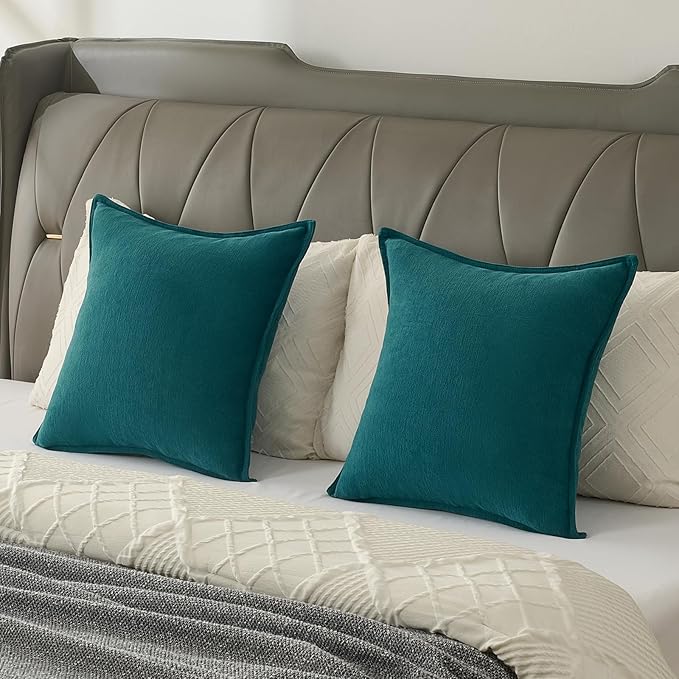 FUTEI Teal Chenille Throw Pillow Covers 16x16 Inch Set of 2,Edges Double-Stitched Cushion Cases,Modern Home Decor for Couch Living Room