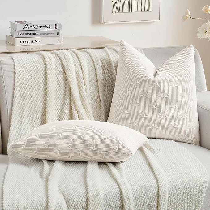 FUTEI Cream Chenille Decorative Throw Pillow Covers 24x24 Inch Set of 2,Soft Cozy Striped Geometric Patterns European Cushion Cases,Modern Home Decor for Couch Bed Living Room