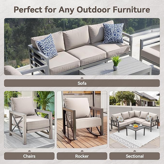 Luxury 6" Outdoor Cushions for Patio Furniture, 24x24x6" Thick Seat Cushion Set of 5, Fade Resistant Couch Chair Replacement Cushions High Density Deep Wicker Chair Cushion w/ Removable Cover, Beige