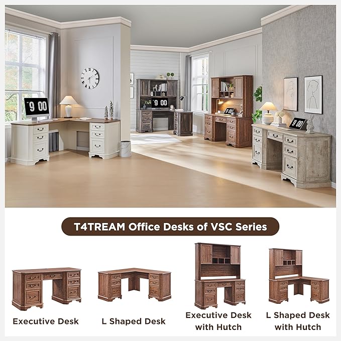 T4TREAM 59" Executive L Shaped Desk with Hutch,Victorian Wood Computer Desk, Featuring Charging Station,File Drawer, Storage Cabinet,for Home Office Work and Study (Reclaimed Barnwood)