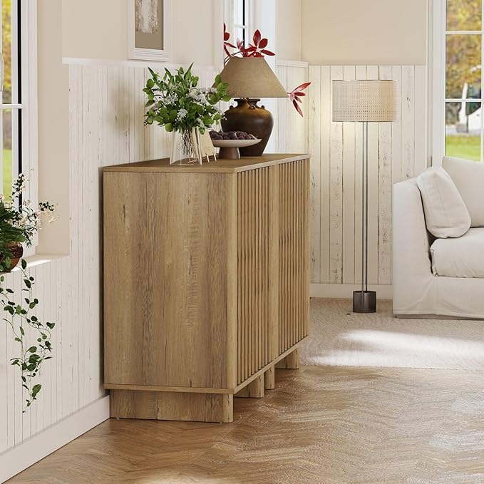 Natural Storage Cabinet Set, Freestanding Floor Cabinet 23.6” Farmhouse Sideboard with 2 Fluted Doors Wooden Buffet Cabinet Media Console Table Credenza for Living Room Dining Room Hallway, Singe