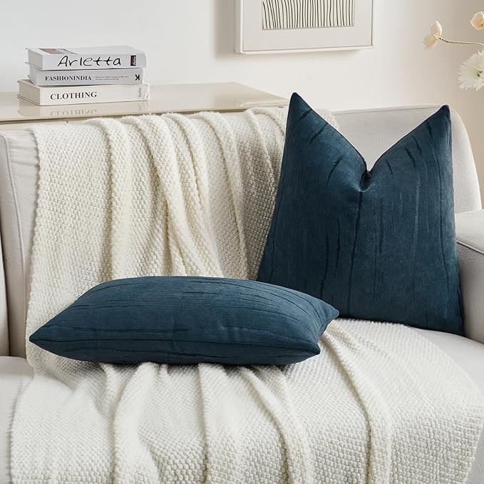 FUTEI Navy Blue Chenille Decorative Throw Pillow Covers 16x16 Inch Set of 2,Soft Embossed Striped Textured Cushion Case,Modern Home Decor for Couch Bed Living Room