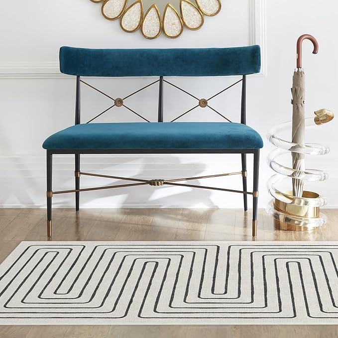 RUGGABLE x Jonathan Adler Machine Washable Area Rug – Labyrinth Black/Ivory 8 ft Round, Stain-Resistant, Non-Slip – Large Rugs for Living Room, Bedroom, Hallway, Entryway & Office–with Cushioned Pad