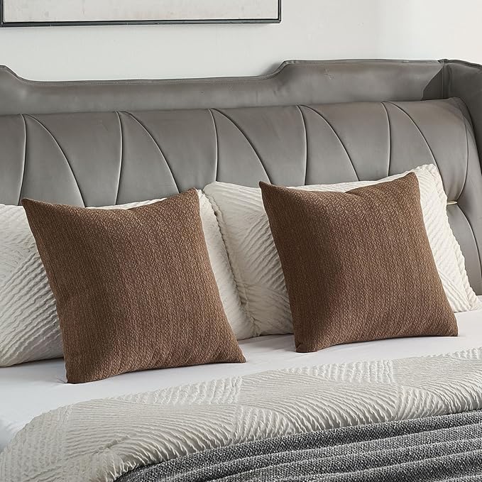 FUTEI Dark Brown Chenille Throw Pillow Covers 16x16 Inch Set of 2,Soft Striped & Diamond Textured Cushion Cases,Modern Home Decor for Couch Living Room