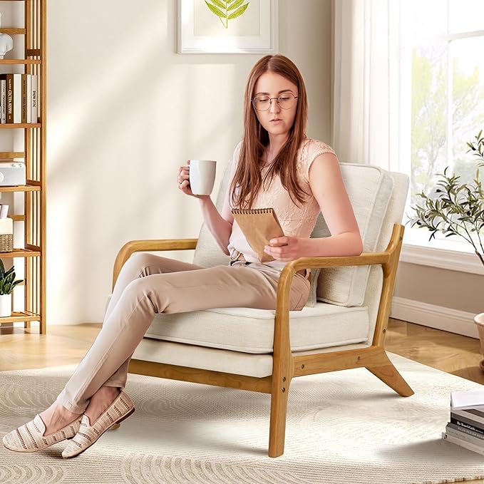 Modern Accent Chair Set of 2 with Lumbar Pillow, Relaxing Mid Century Chair Armchair with Solid Wood Frame & Soft Cushion, Reading Leisure Armchair for Living Room, Beige