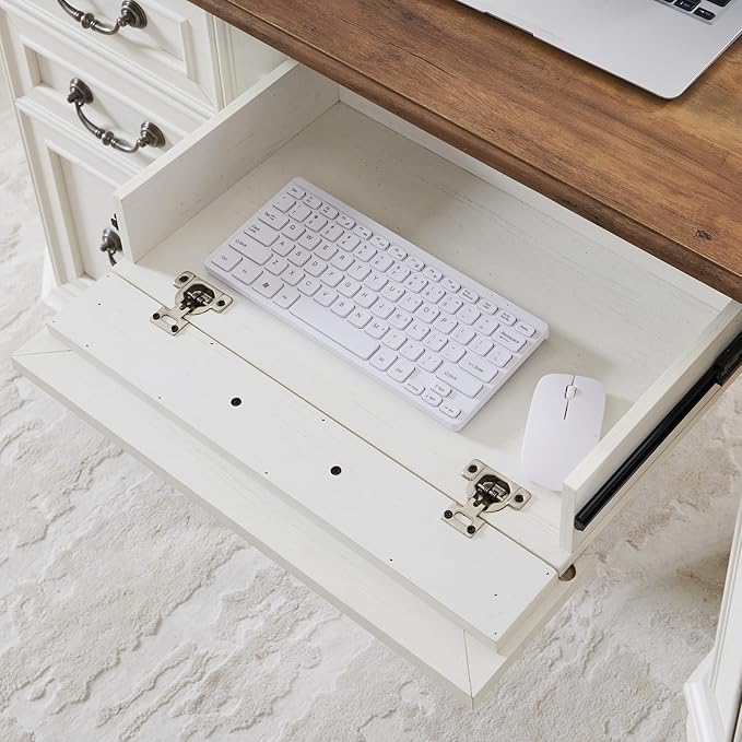 RedLemon 60" Executive Desk with Drawers,Wood Home Office Desk, Featuring Keyboard Tray,Charging Station,File Drawer, Storage Cabinet,for Work and Study (Antique White)