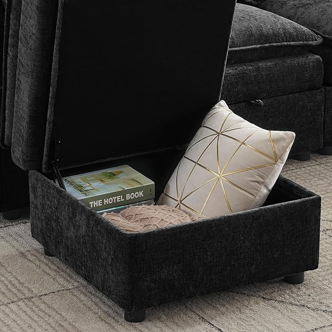 80" Cloud Modular 3 Seater Sofa with Storage Ottoman, Modern Upholstered Storage Sofa Couch Deep Seat, L Shape Sectional Sofa Chenille Comfy Couch with Armrests for Living Room, Small Space, Black