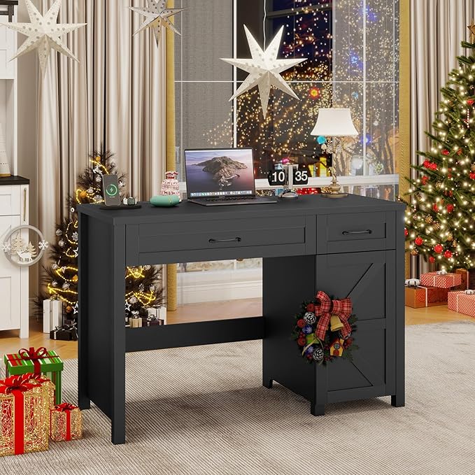 Farmhouse 47" Executive Desk, Computer Desk with Drawers and Storage Cabinet, Workstation for Home Office and Study.(Pure Black)