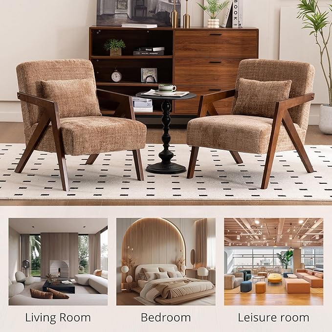 Mid-Century Modern Accent Chair with Solid Wood Frame,Upholstered Chenille Living Room Arm Chairs with Pillow for Bedroom, Living Room, Reading Room, Balcony, Brown