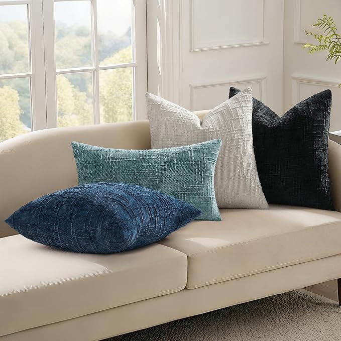 decorUhome Teal Chenille Throw Pillow Covers 16x16 Set of 2 Thick Textured Slubby Couch Pillow Covers Farmhouse Accent Modern Neutral Decorative Pillow Cases for Bed Sofa Living Room