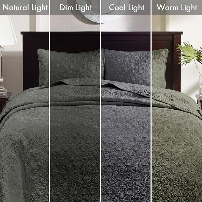 Madison Park Quebec Reversible Damask Design, Double Sided Quilting All Season, Lightweight Coverlet Bedspread Bedding Set, Matching-Shams, Queen(102"x118"), Dark Grey