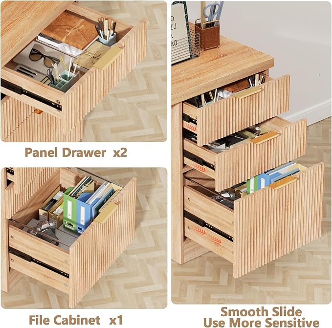 60'' Fluted Executive Desk with Drawers,Wood Home Office Desk with Storage Modern Fluted Computer Writing Desk for Study, Living Room, Bedroom,Natural Oak