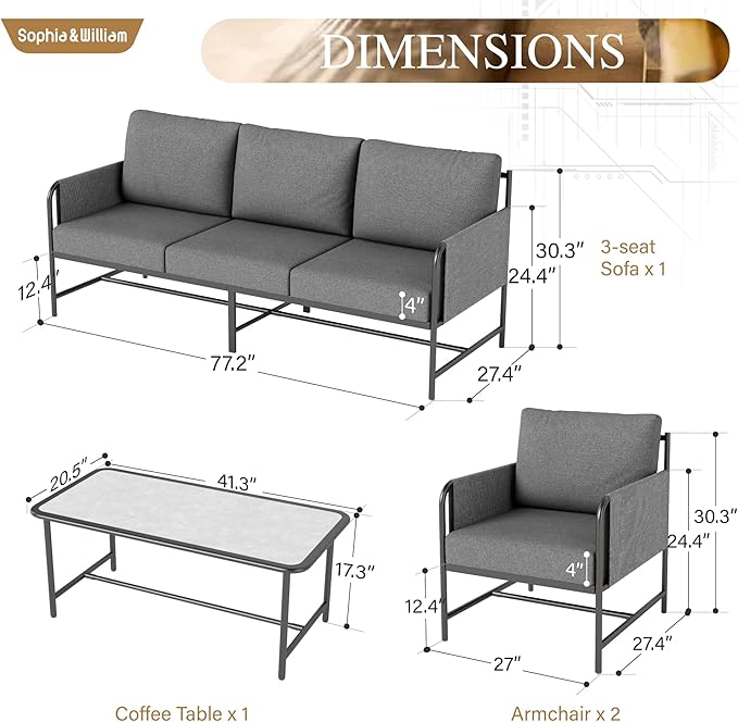 Sophia & William Modern Patio Furniture Set Outdoor Conversation Set with Thick Cushion and Large Seat for 5, Minimalist Simple Coffee Table Adjustable for Pool Garden Backyard Porch