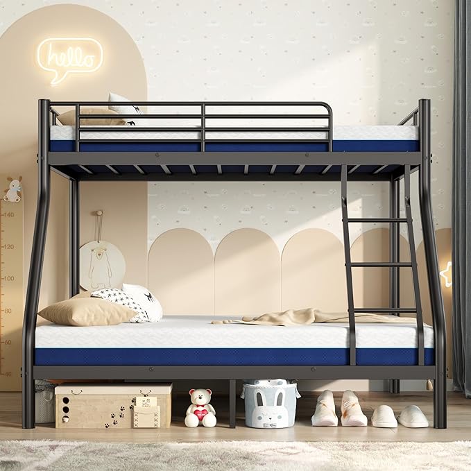 Bunk Beds Twin Over Full Size with 6" Mattresses Included, All-in-One Bunk Bed for Kids/Adults, Heavy Duty Sturdy Frame with Ladder Guardrail, With Memory Foam Mattress, Easy Assembly(Black)