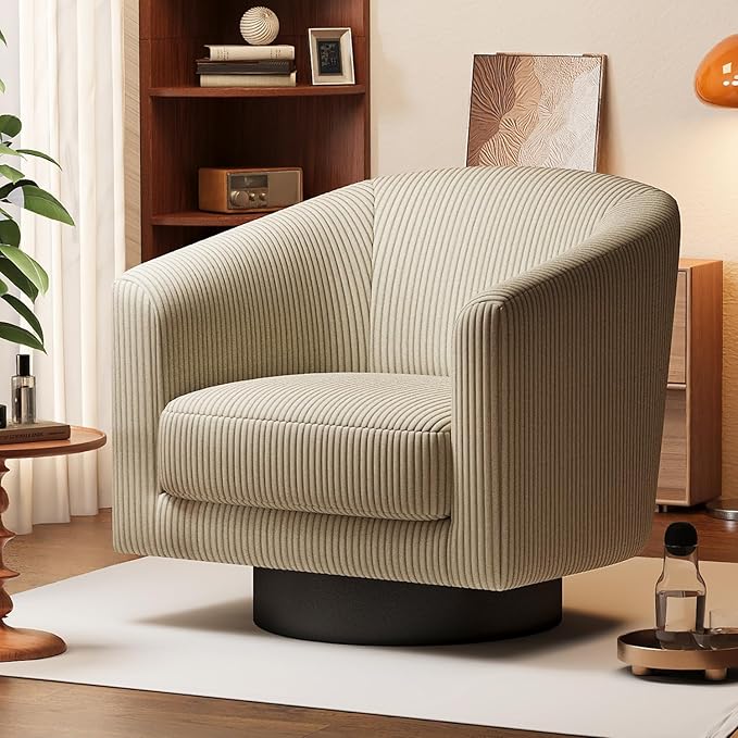 360Β° Swivel Accent Chairs, Modern Bucket Chair, Corduroy Barrel Armchair, Comfy Boucle Chair, Single Sofa for Living Room Bedroom. Camel