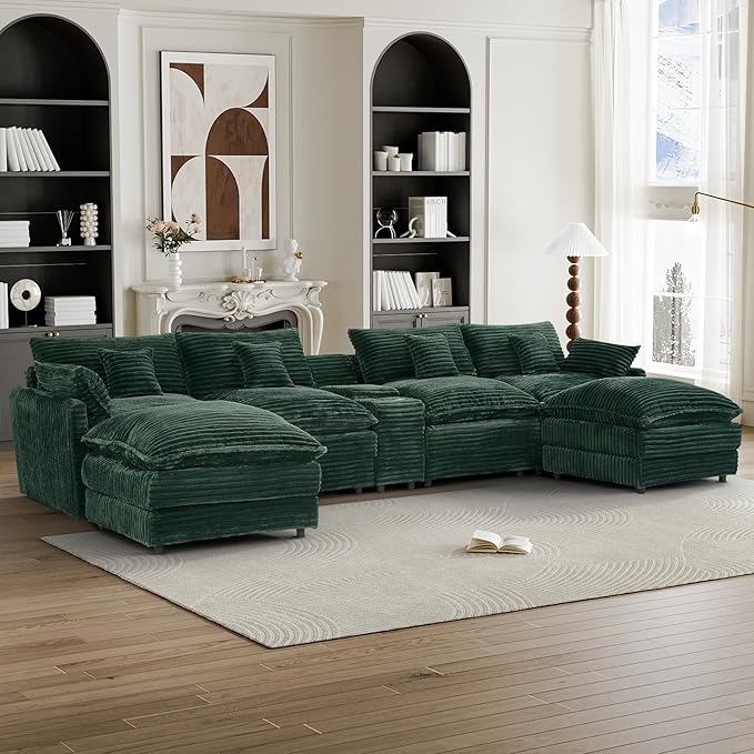 HYJT-H&K 145" U Shaped Cloud Couch Modular Green Sectional Couches for Living Room, Comfy Fluffy Corduroy Oversized Cloud Sectional Couch Large 6 Seat Sectionals Sofa Set Central Console USB Port