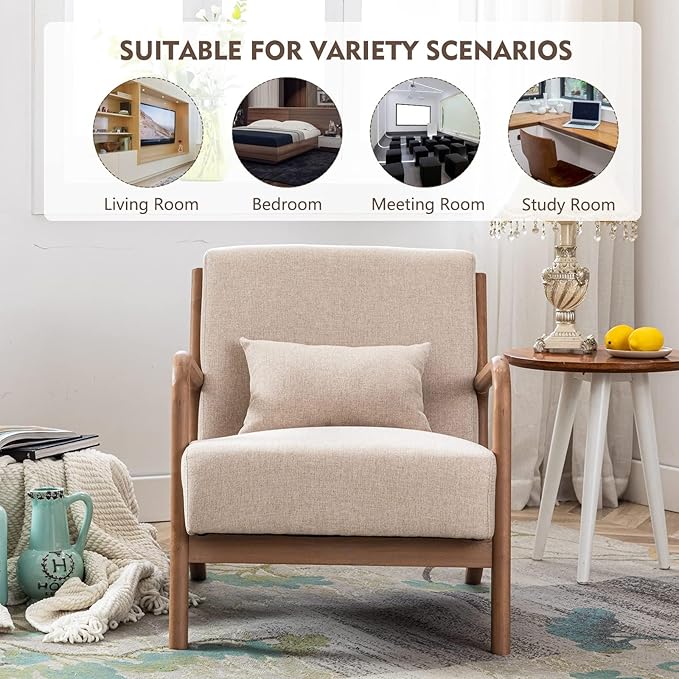 ANJHOME Mid Century Modern Accent Chairs Set of 2, Single Fabric Lounge Reading Armchair with Solid Wood Frame, Easy Assembly Arm Chairs for Living Room Beige 2