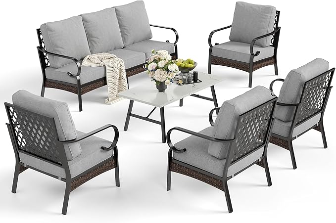 6 Piece Metal Outdoor Patio Furniture Sets, Patio Conversation Sets 1 3-Seater Sofa, 4 Single Sofa with 5.75" Thick Cushion & Coffee Table, Black Frame Backyard Furniture, Light Gray