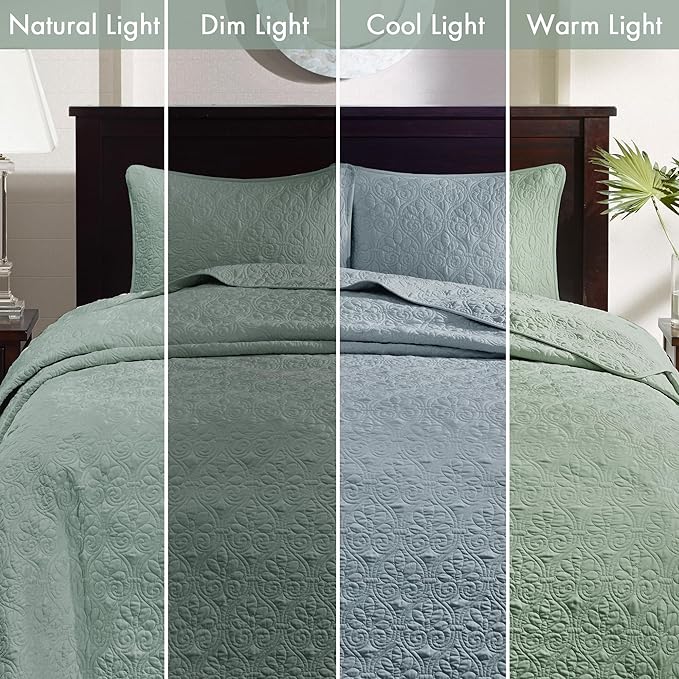 Madison Park Quebec Reversible Quilt Set Damask Design, Double Sided Stitching All Season, Lightweight Bedspread Bedding Set, Matching Sham, Seafoam, Twin(81"x110") 2 Piece