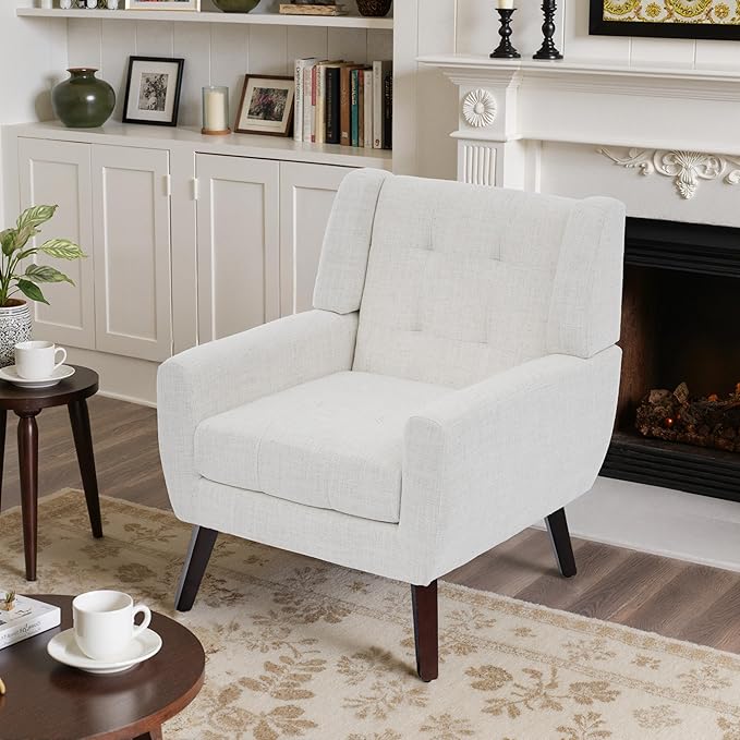 Accent Chairs Set of 4, Mid-Century Modern Upholstered Armchair, Comfy Fabric Living Room Chairs Reading Chairs with Button Tufted Back & Solid Wood Legs for Bedroom, Office, Beige