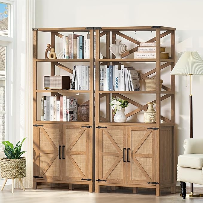 5 Tier Bookshelf 70" Rattan Boho Tall Bookcase with Barn Doors,Large Farmhouse Display Book Shelf with Adjustable Shelves and Storage Cabinet,Wood Bookshelves for Living Room,Kitchen,Natural