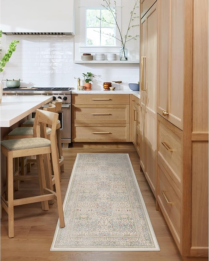 RUGGABLE x Morris & Co Machine Washable Runner Rug – Blackthorn Ivory Blue 2.5x10, Stain-Resistant, Non-Slip – Washable Rug for Hallway, Entryway, Living Room & Kitchen–with Cushioned Pad