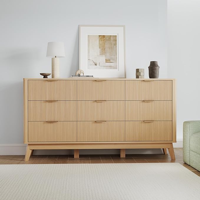 SUNWAVE Fluted 9 Drawer Dresser for Bedroom, 59.1" Wide Modern Large Dresser with Round Corner, Wood Drawer TV Stand for Living Room