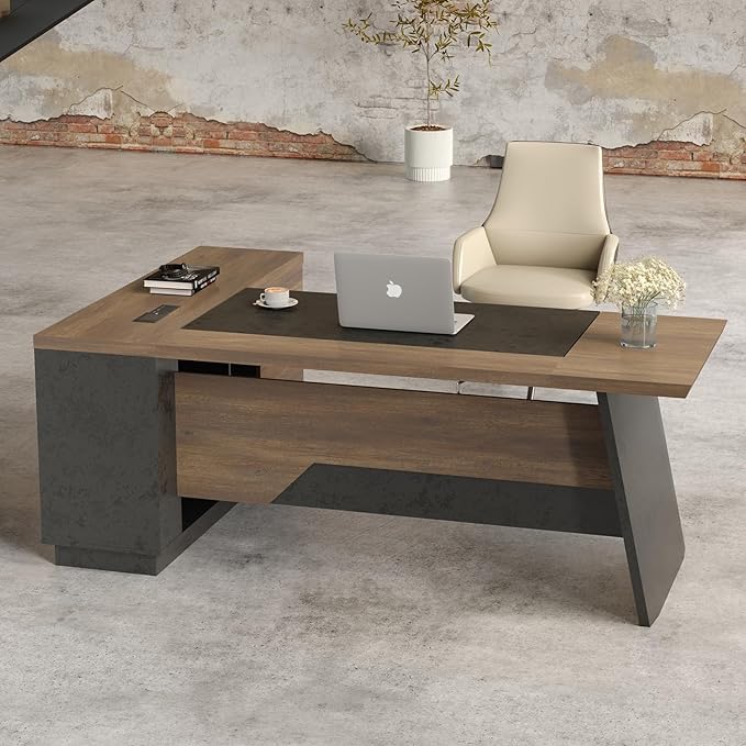 L Shape Executive Desk, Large Office Desk with Drawers & Shelves, 78.74 Inches Industrial Wooden Desk with Storage, Modern Computer Desk for Home Office, Black and Brown, Left Side