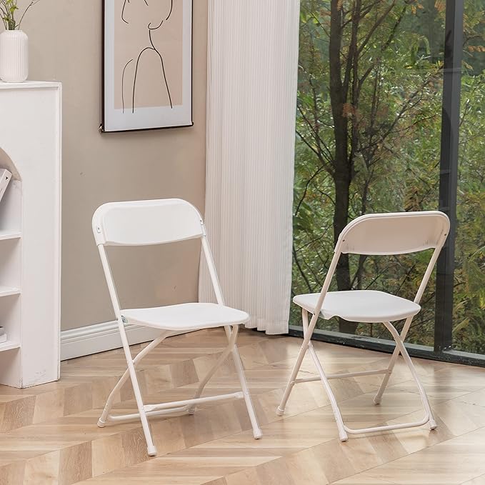 BTEXPERT Set of 4 Pack, White Plastic Folding Chair Steel Frame Commercial High Capacity Event Chair Lightweight Set for Office Wedding Party Picnic Kitchen Dining Church School