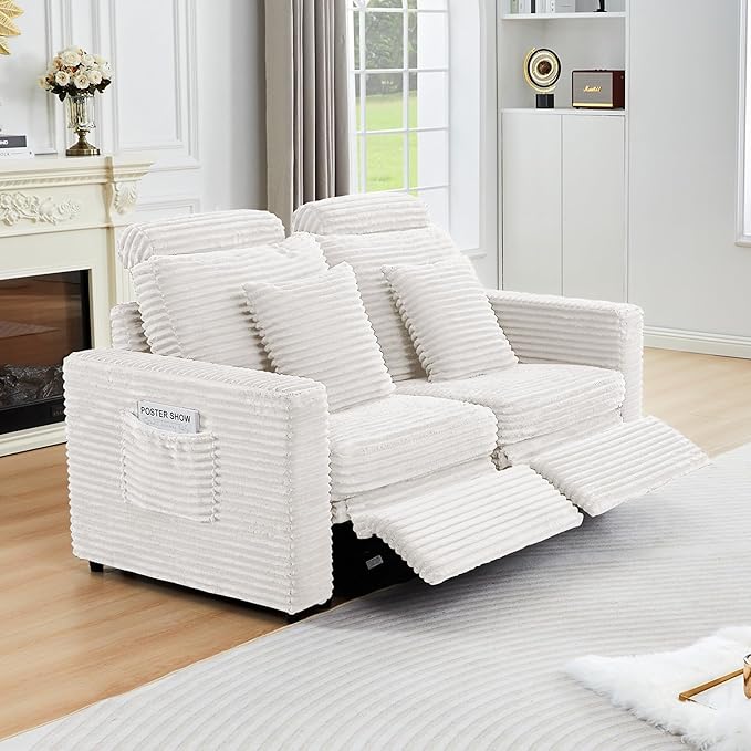ORRD Power Reclining Sectional Sofa, Electric Loveseat Recliner with 2 Electric Footrest and Adjustable Headrest, Modern Plush Corduroy Fluffy Reclining Sectional with Deep Seat for Living Room-White