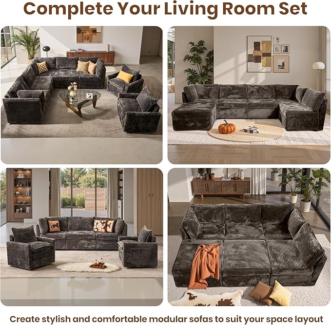 130'' Modern Modular Sectional Sofa with Ottoman, 8 Pieces U Shaped Cloud Couch for Living Room, Oversized Deep Seat Convertible Sofa Set, Plush Corduroy Gray