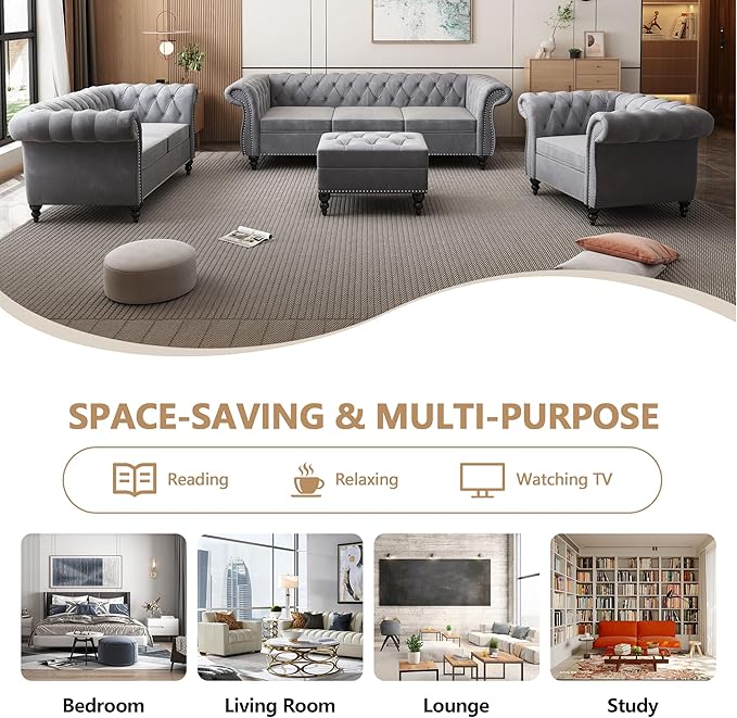 2 Piece Living Room Furniture Set, Velvet Loveseat and Chair Set, Mid Century Modern Upholstered Sofa Couch with Cushions, Comfy Tufted Chesterfield Couches for Living Room, Bedroom, Office