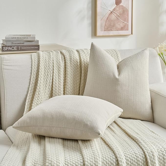 FUTEI Beige Decorative Throw Pillow Covers 26x26 Inch Set of 2,Soft Cozy Wheat Ear Striped Patterns Euro Pillow Shams,Modern Home Decor for Couch Bed Living Room