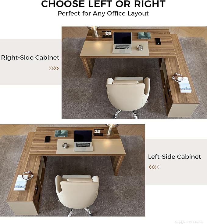 L-Shaped Executive Desk with Lockable Drawers – 79" Modern Large Executive Office Desk with LED, Lateral File Cabinet, Built-In Cable Box, Privacy Panel & Storage Shelves for Home or Business, Right