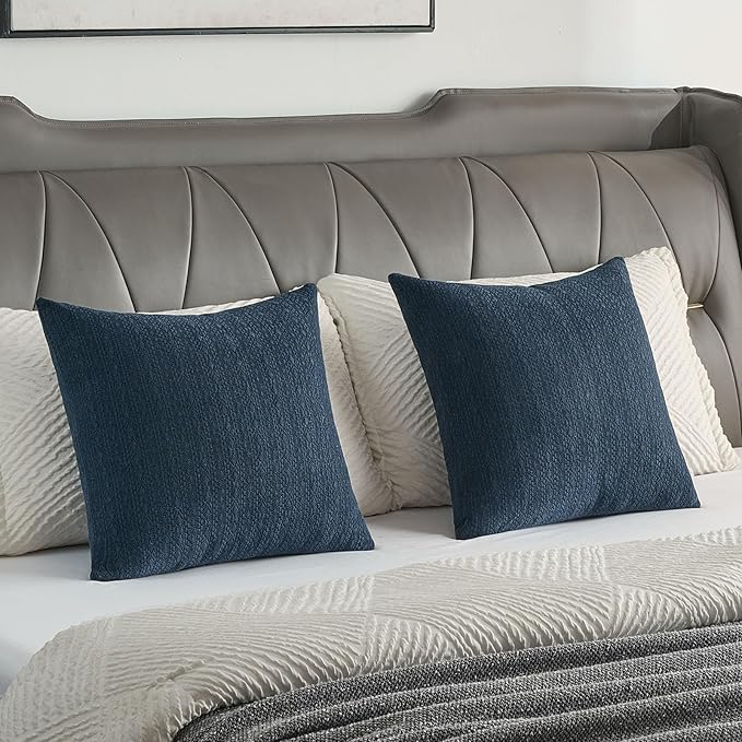 FUTEI Navy Blue Chenille Throw Pillow Covers 18x18 Inch Set of 2,Soft Striped & Diamond Textured Cushion Cases,Modern Home Decor for Couch Living Room