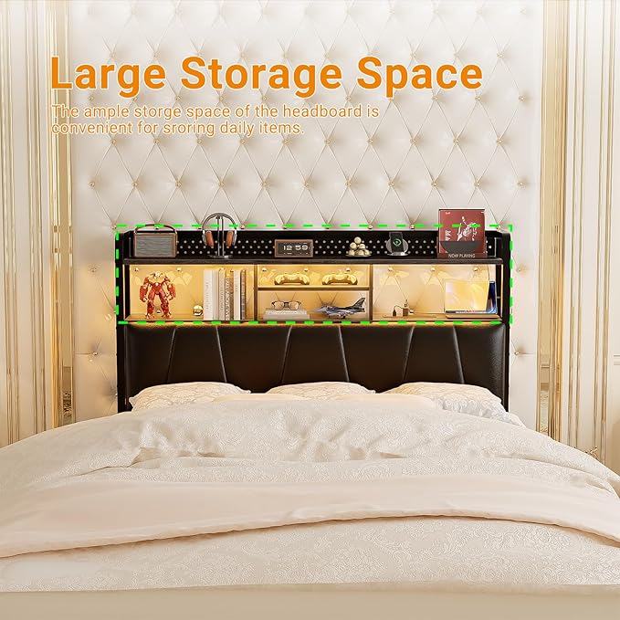 Unikito Headboard for Full Size Bed Frame, Upholstered Head Board with Outlets, USB Ports and LED Light, Comfortable Leather Headboards with Storage Shelf, Sturdy Full Bed Headboard Only, Black Oak