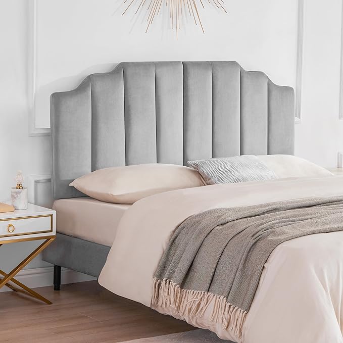 Tufted Headboard, Comfort Velvet Upholstered Headboard, Modern Vertical Channel Design, King Size Bed Compatible, Easy Assembly,Soft Grey
