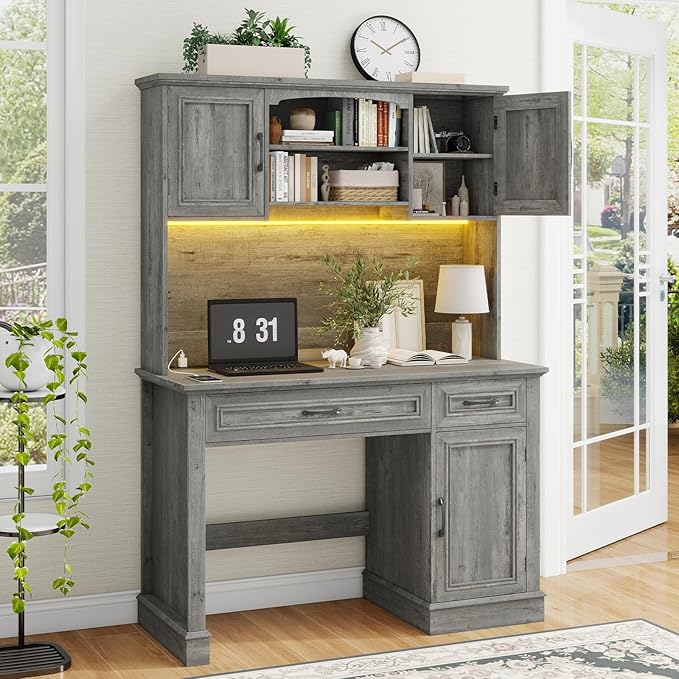 Vabches Farmhouse 47" Executive Desk with Hutch, 2 Drawers and LED Light, Computer Desk with Storage Cabinet and Charging Station,Workstation for Home Office and Study.Grey