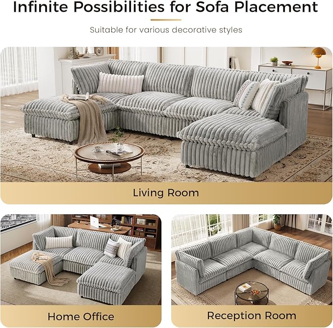 KKL Modular Sectional Couch for Living Room, U Shaped Corduroy Couches with 2 Ottomans, 5 Seater Oversized Sofa Convertible to L Shaped, Soft Fabric Modern Sofa, Grey