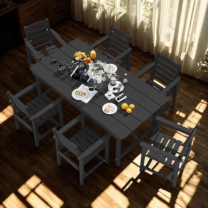 7 Piece Patio Dining Set with 11ft Patio Umbrella (Gray), 7 Black Outdoor HDPE Dining Set with 6 Chairs + 1 Large Table with 2" Umbrella Hole, for Market, Pool, Garden, Backyard, Deck