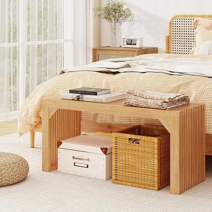 GOFLAME 36” Bamboo Dining Bench Set of 2, Farmhouse Entryway Bench with Slatted Seat, End of Bed Bench, Outdoor Bench for Kitchen, Bedroom, Living Room, Hallway, 660 LBS Max Load