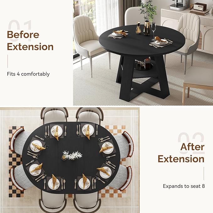 Aivermel 43.3‑59 in Extendable Oval Dining Table for 4‑6, Engineered Wood Round Dining Table with Hidden Extension Storage &Bottom Shelf, Space‑Saving Modern Kitchen Living Room Tables (Vintage Black)