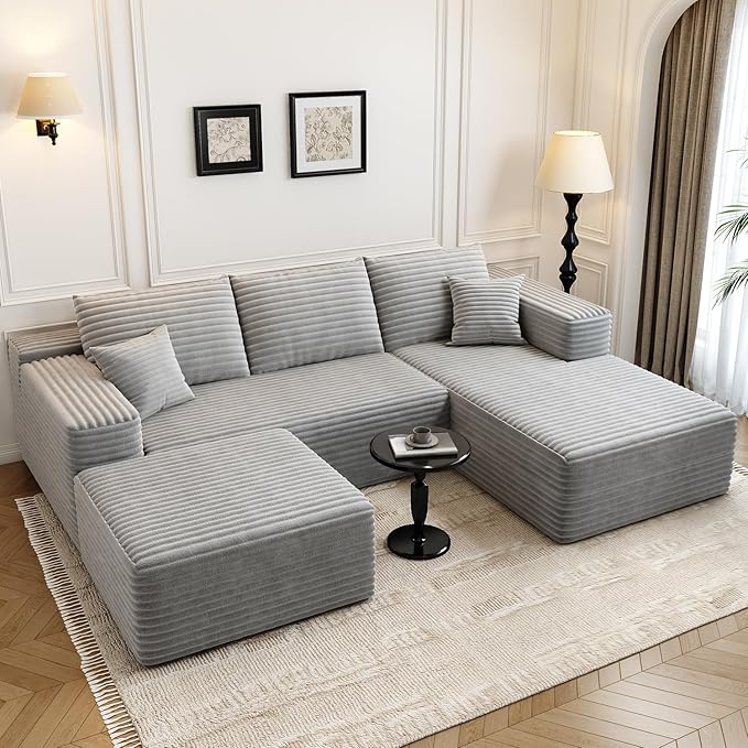 107.5" Cloud Modular Sectional Couch with 1 Ottoman,Modern Minimalist Upholstered Couches, Comfort U Shaped Sofa for Living Room,Deep Seat Corner Couch,No Assembly Required (Grey,Right Facing Chaise)