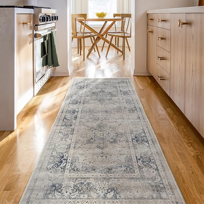 RUGGABLE Washable Vintage Area Rug – Sarrah Blue Quartz 8 ft Round, Stain-Resistant, Non-Slip – Large Machine Washable Rugs for Living Room, Bedroom, Hallway, Entryway & Office–with Standard Pad