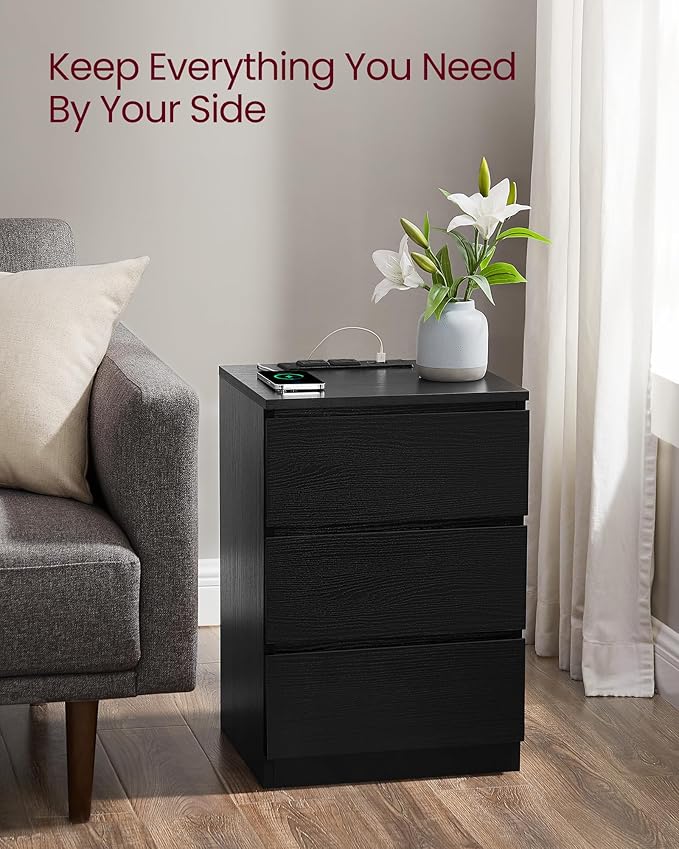VASAGLE Nightstands with Charging Station, Set of 2, AC Outlets and USB Ports, Bedside Tables, Side Tables with 3 Drawers, Modern Style, 13.8 x 15.7 x 23.2 Inches, Ebony Black ULET731B58