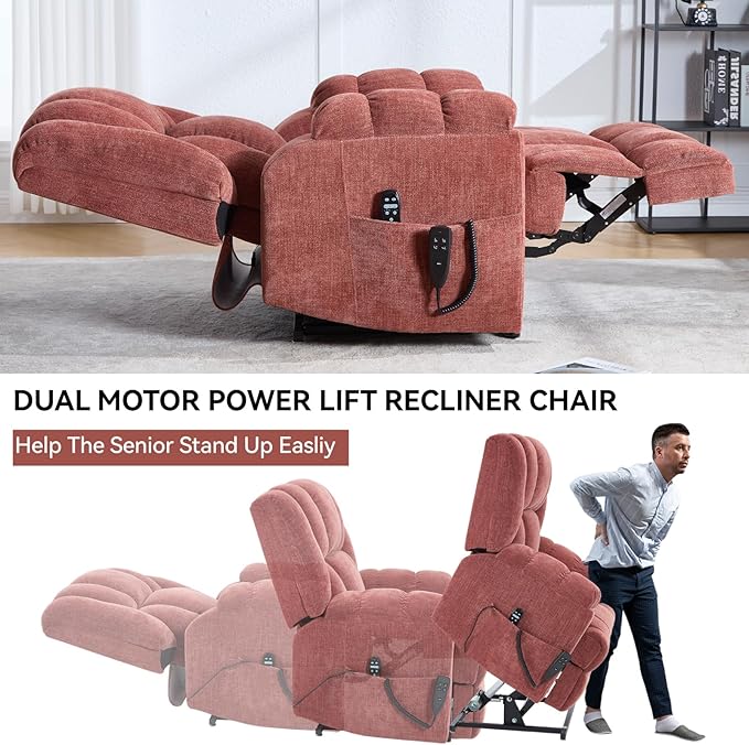 Power Lift Recliner Chair for Elderly, Oversized Chenille Electric Recliners Chairs for Living Room, Dual Motor 180° Lay Flat Recliner Big Sofa with Massage and Heating, Heavy-Duty, Red